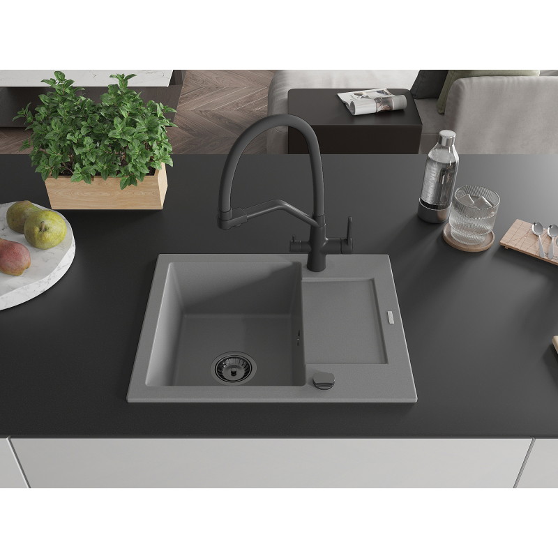 Mexen Enzo granite kitchen sink with 1 bowl, drainer and Duo kitchen faucet, gray - 6506-71-671701-70-B