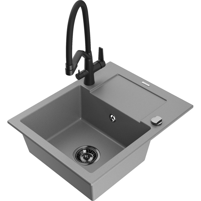Mexen Enzo granite kitchen sink with 1 bowl, drainer and Duo kitchen faucet, gray - 6506-71-671701-70-B