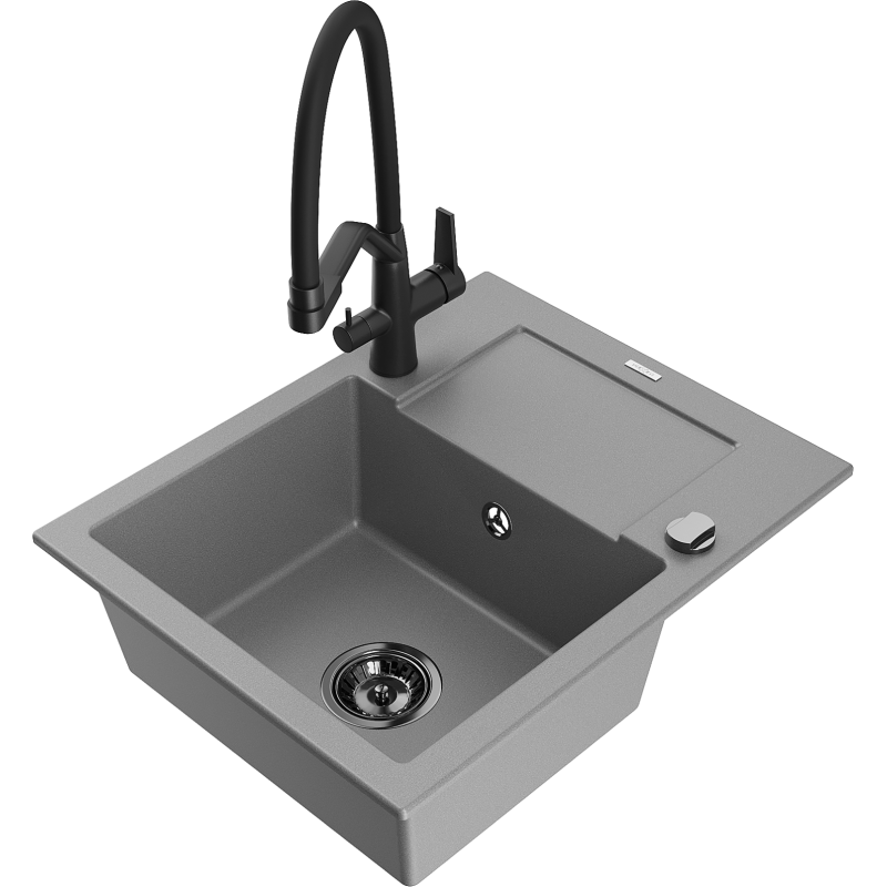 Mexen Enzo granite sink 1-bowl with drainer and Duo kitchen tap, grey - 6506-71-671701-70-B