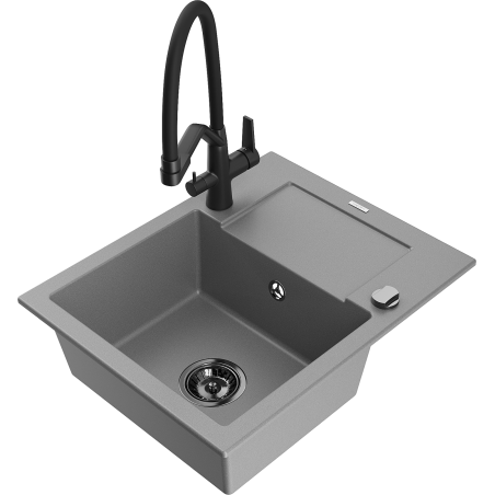 Mexen Enzo granite kitchen sink with 1 bowl, drainer and Duo kitchen faucet, gray - 6506-71-671701-70-B