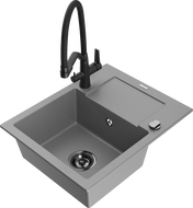 Mexen Enzo granite kitchen sink with 1 bowl, drainer and Duo kitchen faucet, gray - 6506-71-671701-70-B