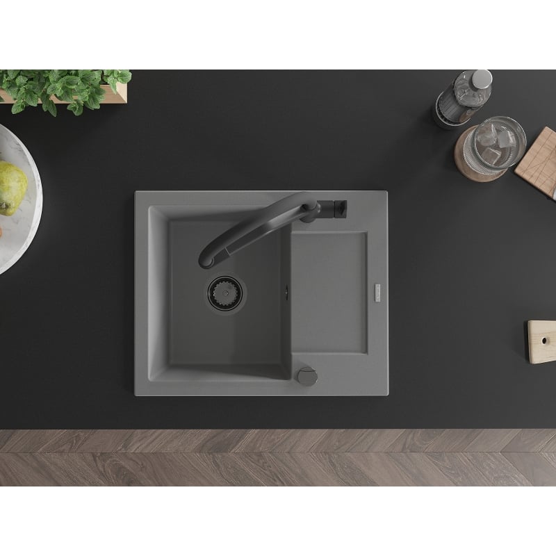 Mexen Enzo granite kitchen sink with 1 bowl, drainer and Duo kitchen faucet, gray - 6506-71-671701-70-B