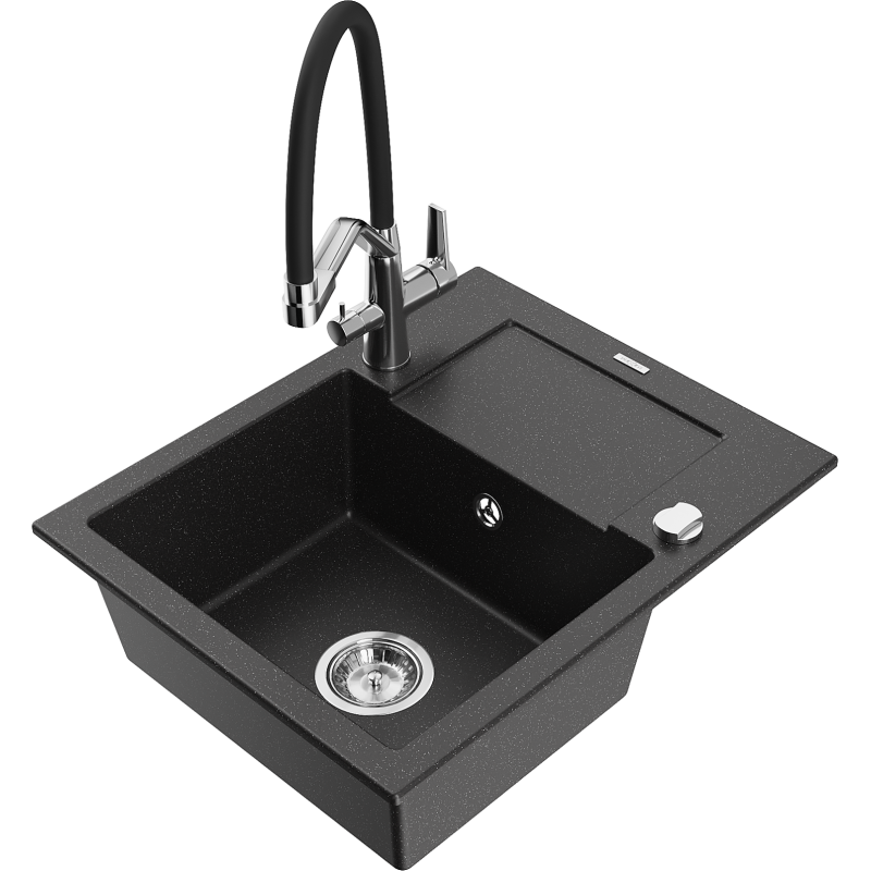 Mexen Enzo granite sink 1-bowl with drainer and Duo kitchen tap, black/silver metallic - 6506-73-671701-07