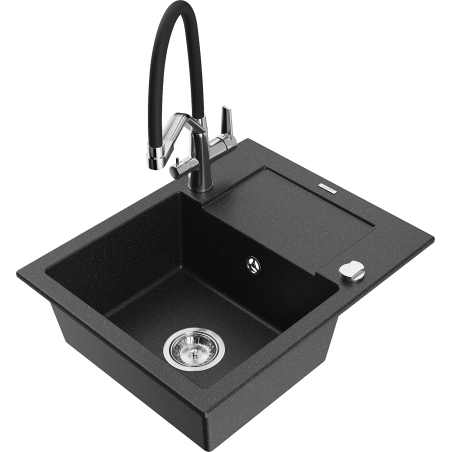 Mexen Enzo granite single-bowl sink with drainer and Duo kitchen faucet, black/silver metallic - 6506-73-671701-07
