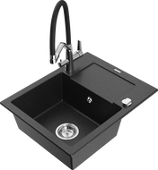 Mexen Enzo granite kitchen sink 1-bowl with drainer and Duo kitchen faucet, black/silver metallic - 6506-73-671701-07