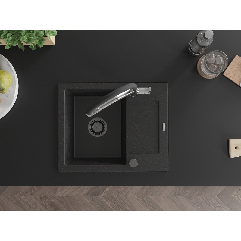 Mexen Enzo granite sink 1-bowl with drainer and kitchen faucet Duo, black/silver metallic - 6506-73-671701-07-B