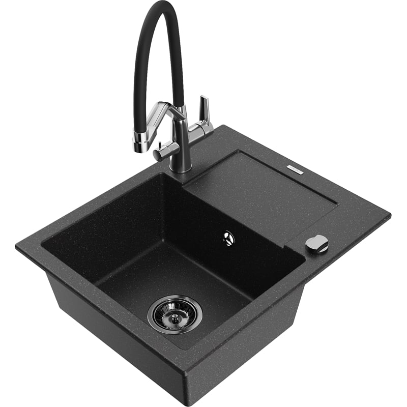 Mexen Enzo granite sink 1-bowl with drainer and kitchen faucet Duo, black/silver metallic - 6506-73-671701-07-B