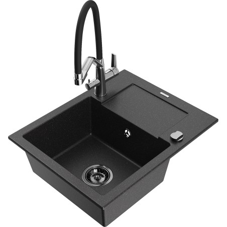 Mexen Enzo granite kitchen sink 1-bowl with drainer and Duo faucet, black/silver metallic - 6506-73-671701-07-B