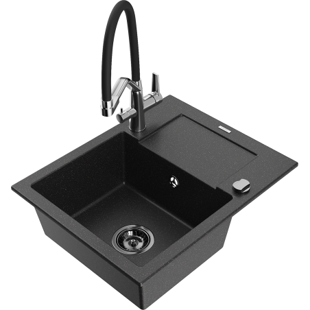 Mexen Enzo granite sink 1-bowl with drainer and kitchen faucet Duo, black/silver metallic - 6506-73-671701-07-B