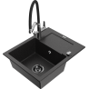 Mexen Enzo granite kitchen sink 1-bowl with drainer and Duo faucet, black/silver metallic - 6506-73-671701-07-B