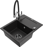 Mexen Enzo granite kitchen sink 1-bowl with drainer and Duo faucet, black/silver metallic - 6506-73-671701-07-B