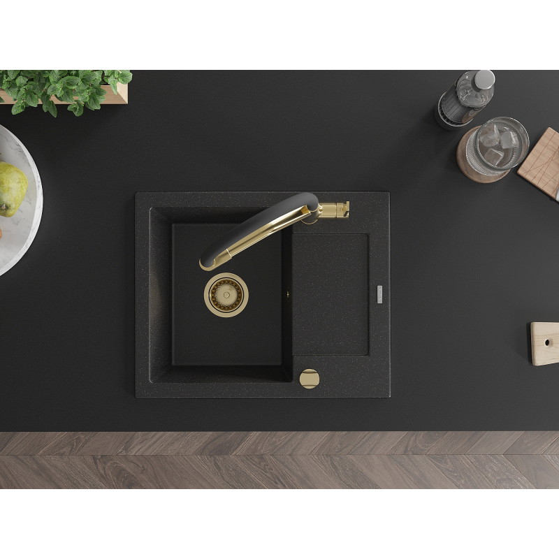 Mexen Enzo granite single-bowl sink with drainer and Duo kitchen faucet, black/silver metallic - 6506-73-671701-57-G