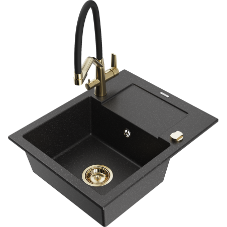 Mexen Enzo granite single-bowl sink with drainer and Duo kitchen faucet, black/silver metallic - 6506-73-671701-57-G