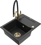 Mexen Enzo 1-bowl granite sink with drainer and Duo kitchen faucet, black/silver metallic - 6506-73-671701-57-G