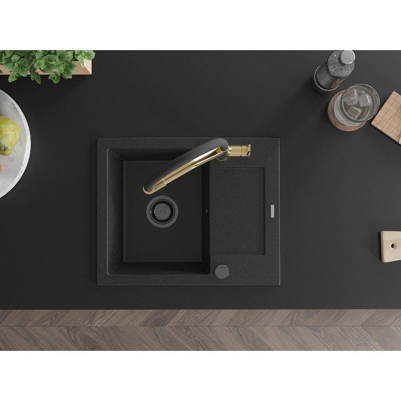 Mexen Enzo granite sink 1-bowl with drainer and Duo kitchen tap, black/silver metallic - 6506-73-671701-57-B