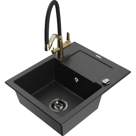 Mexen Enzo 1-bowl granite sink with drainer and Duo kitchen faucet, black/silver metallic - 6506-73-671701-57-B