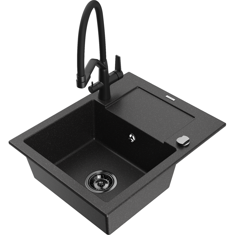 Mexen Enzo 1-compartment granite sink with a drip tray and kitchen mixer tap Duo, Black/ silver metallic - 6506-73-671701-70-B