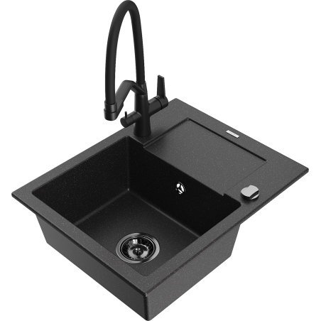 Mexen Enzo 1-bowl granite sink with drainer and Duo kitchen faucet, black/silver metallic - 6506-73-671701-70-B