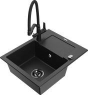 Mexen Enzo 1-bowl granite sink with drainer and Duo kitchen faucet, black/silver metallic - 6506-73-671701-70-B