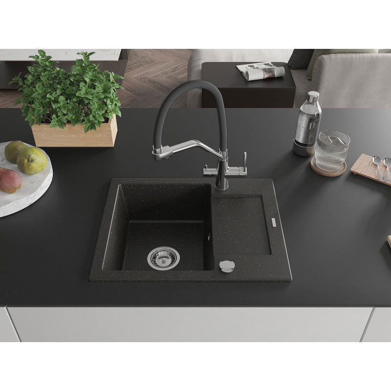 Mexen Enzo granite sink 1-bowl with drainer and Duo kitchen tap, black/gold metallic - 6506-75-671701-07
