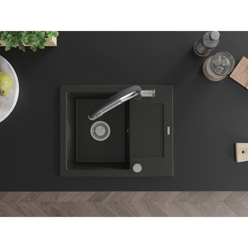 Mexen Enzo granite sink 1-bowl with drainer and Duo kitchen faucet, black/gold metallic - 6506-75-671701-07