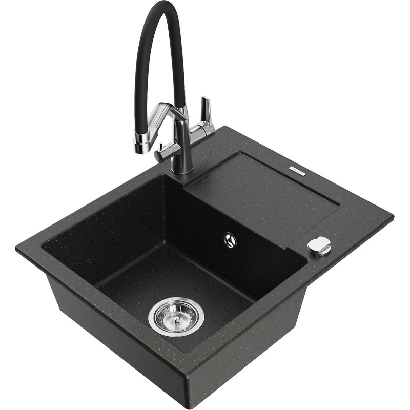 Mexen Enzo granite sink 1-bowl with drainer and Duo kitchen faucet, black/gold metallic - 6506-75-671701-07