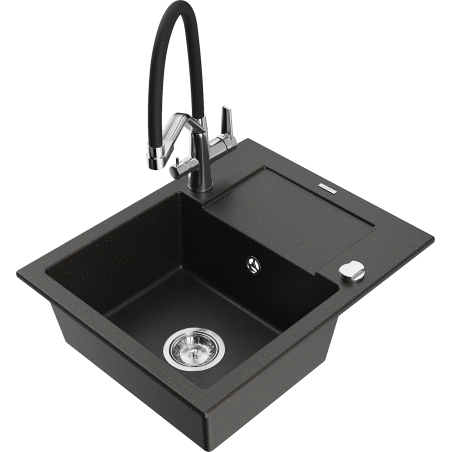 Mexen Enzo granite sink 1-bowl with drainer and Duo kitchen faucet, black/gold metallic - 6506-75-671701-07