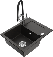 Mexen Enzo granite sink 1-bowl with drainer and Duo kitchen faucet, black/gold metallic - 6506-75-671701-07