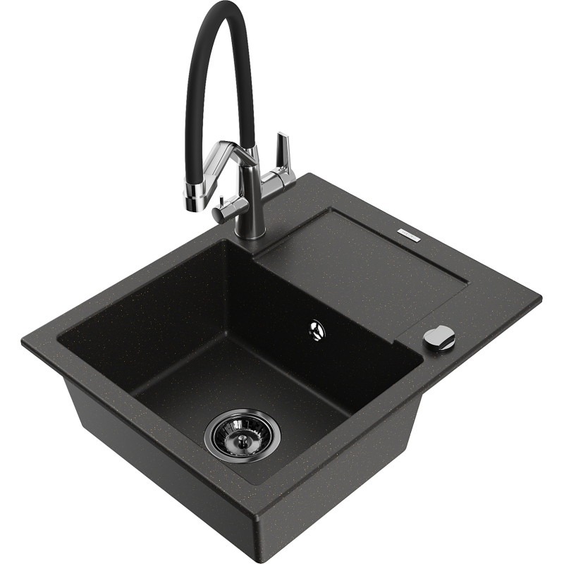 Mexen Enzo granite single-bowl sink with drainer and Duo kitchen faucet, black/gold metallic - 6506-75-671701-07-B