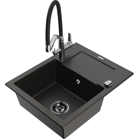 Mexen Enzo granite 1-bowl sink with drainer and Duo kitchen faucet, black/gold metallic - 6506-75-671701-07-B