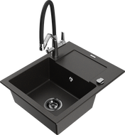Mexen Enzo granite single-bowl sink with drainer and Duo kitchen faucet, black/gold metallic - 6506-75-671701-07-B