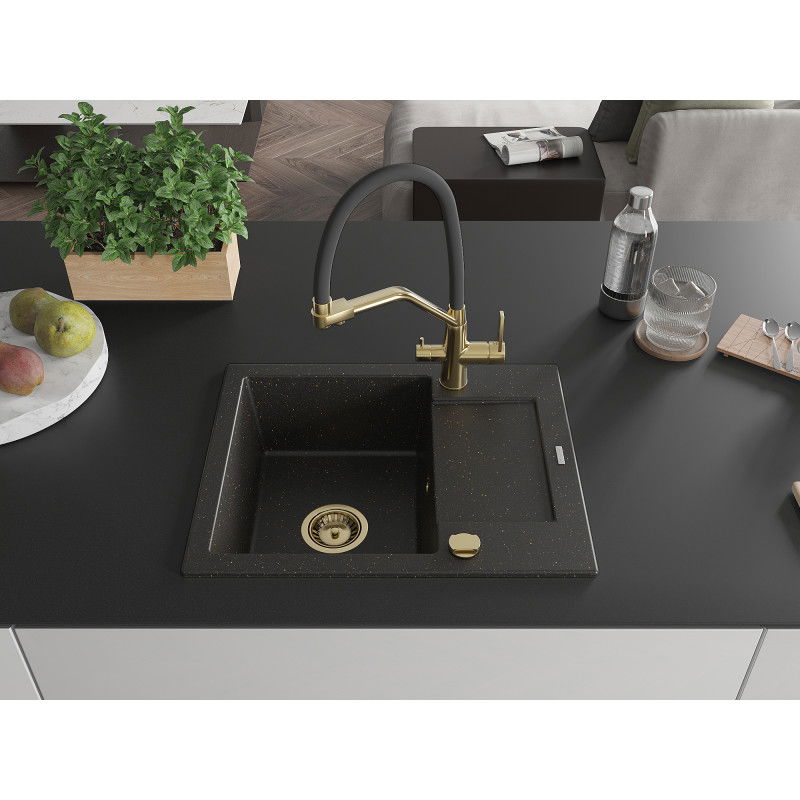 Mexen Enzo granite sink with 1 bowl, drainer, and Duo kitchen tap, black/gold metallic - 6506-75-671701-57-G