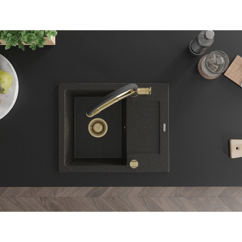 Mexen Enzo granite sink with 1 bowl, drainer, and Duo kitchen tap, black/gold metallic - 6506-75-671701-57-G