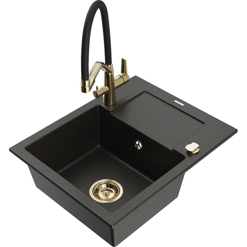 Mexen Enzo granite sink 1-bowl with drainer and Duo kitchen faucet, black/gold metallic - 6506-75-671701-57-G