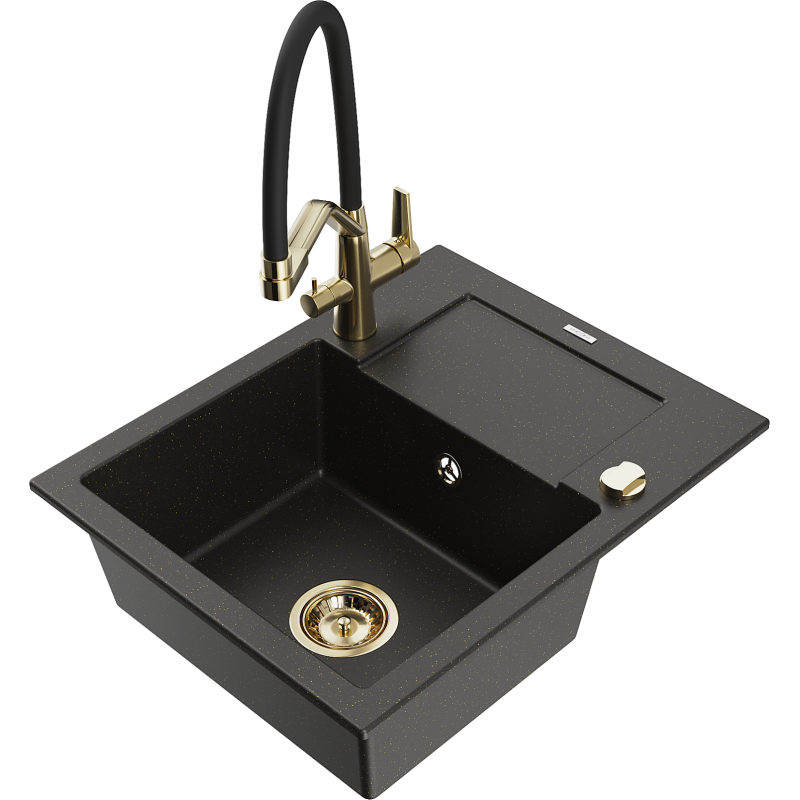 Mexen Enzo granite sink with 1 bowl, drainer, and Duo kitchen tap, black/gold metallic - 6506-75-671701-57-G