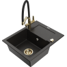 Mexen Enzo granite kitchen sink 1-bowl with drainer and kitchen faucet Duo, black/gold metallic - 6506-75-671701-57-G