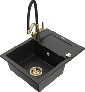 Mexen Enzo granite sink 1-bowl with drainer and Duo kitchen faucet, black/gold metallic - 6506-75-671701-57-G