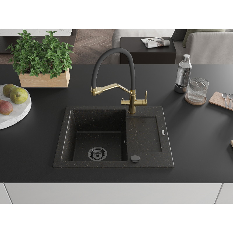 Mexen Enzo granite kitchen sink 1-chamber with drainer and kitchen faucet Duo, black/gold metallic - 6506-75-671701-57-B