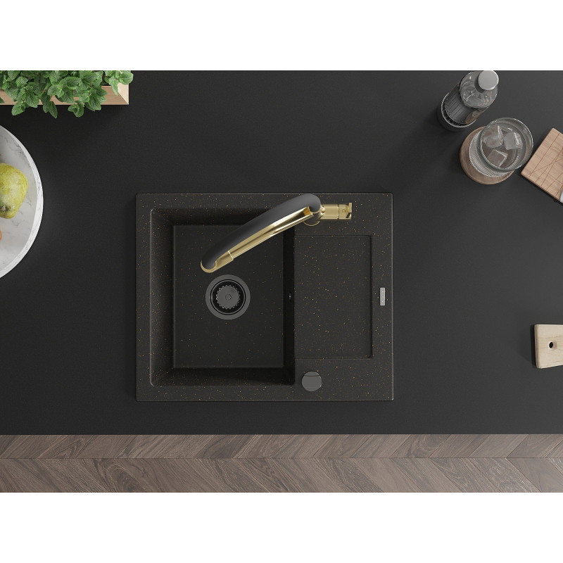 Mexen Enzo granite sink 1-bowl with drainer and kitchen faucet Duo, black/gold metallic - 6506-75-671701-57-B