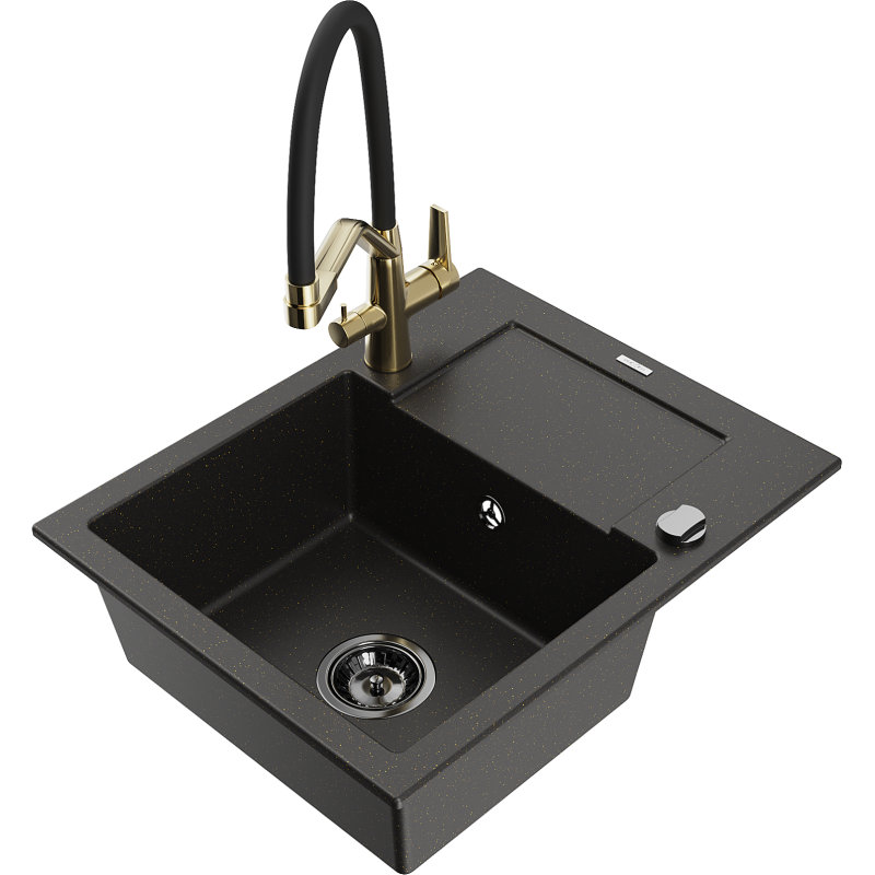 Mexen Enzo 1-compartment granite sink with a drip tray and kitchen mixer tap Duo, Black/ gold metallic - 6506-75-671701-57-B