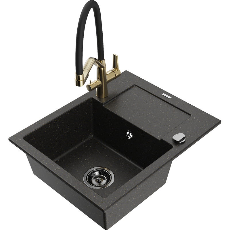 Mexen Enzo granite sink 1-bowl with drainer and kitchen faucet Duo, black/gold metallic - 6506-75-671701-57-B