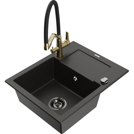 Mexen Enzo 1-compartment granite sink with a drip tray and kitchen mixer tap Duo, Black/ gold metallic - 6506-75-671701-57-B