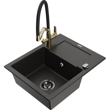 Mexen Enzo granite sink 1-bowl with drainer and kitchen faucet Duo, black/gold metallic - 6506-75-671701-57-B