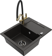 Mexen Enzo granite sink 1-bowl with drainer and kitchen faucet Duo, black/gold metallic - 6506-75-671701-57-B