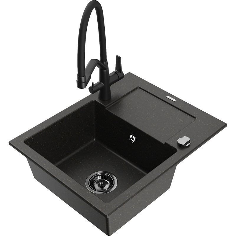 Mexen Enzo 1-bowl granite sink with drainer and Duo kitchen faucet, black/gold metallic - 6506-75-671701-70-B