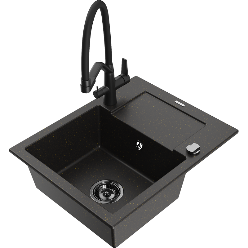 Mexen Enzo 1-bowl Granite Sink with Drainer and Duo Kitchen Tap, Black/Gold Metallic - 6506-75-671701-70-B