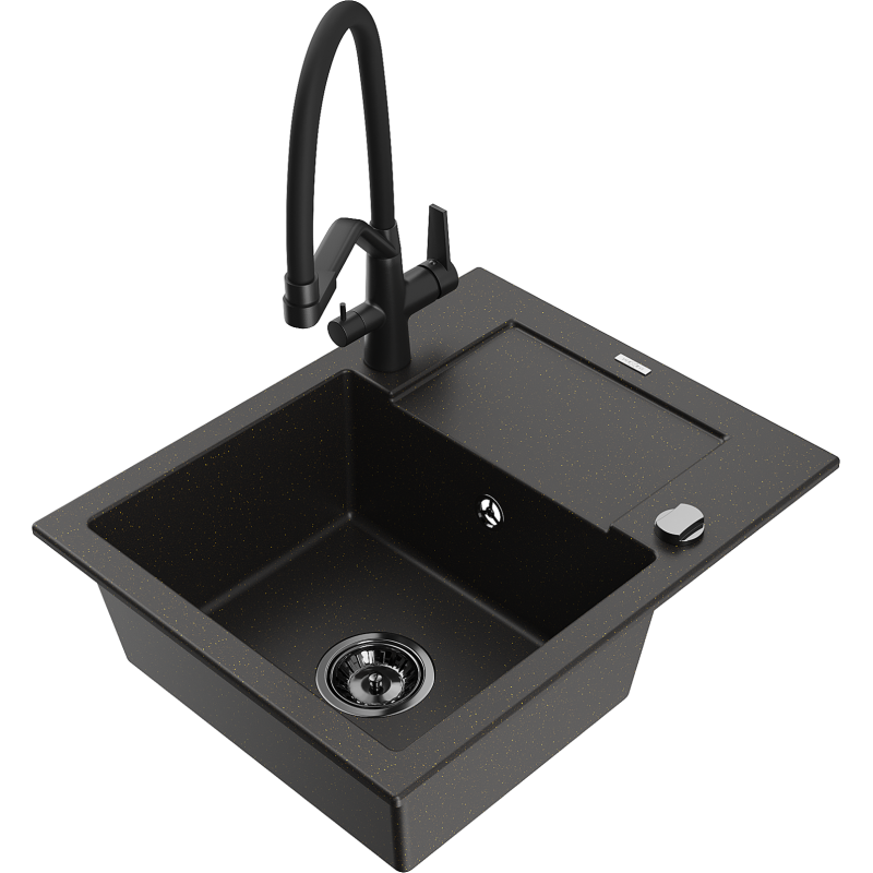 Mexen Enzo 1-compartment granite sink with a drip tray and kitchen mixer tap Duo, Black/ gold metallic - 6506-75-671701-70-B
