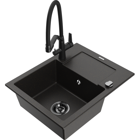Mexen Enzo 1-compartment granite sink with a drip tray and kitchen mixer tap Duo, Black/ gold metallic - 6506-75-671701-70-B