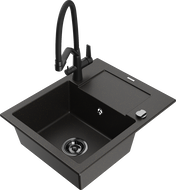 Mexen Enzo 1-compartment granite sink with a drip tray and kitchen mixer tap Duo, Black/ gold metallic - 6506-75-671701-70-B