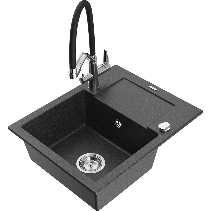 Mexen Enzo granite sink 1-bowl with drainer and Duo kitchen tap, speckled black - 6506-76-671701-07